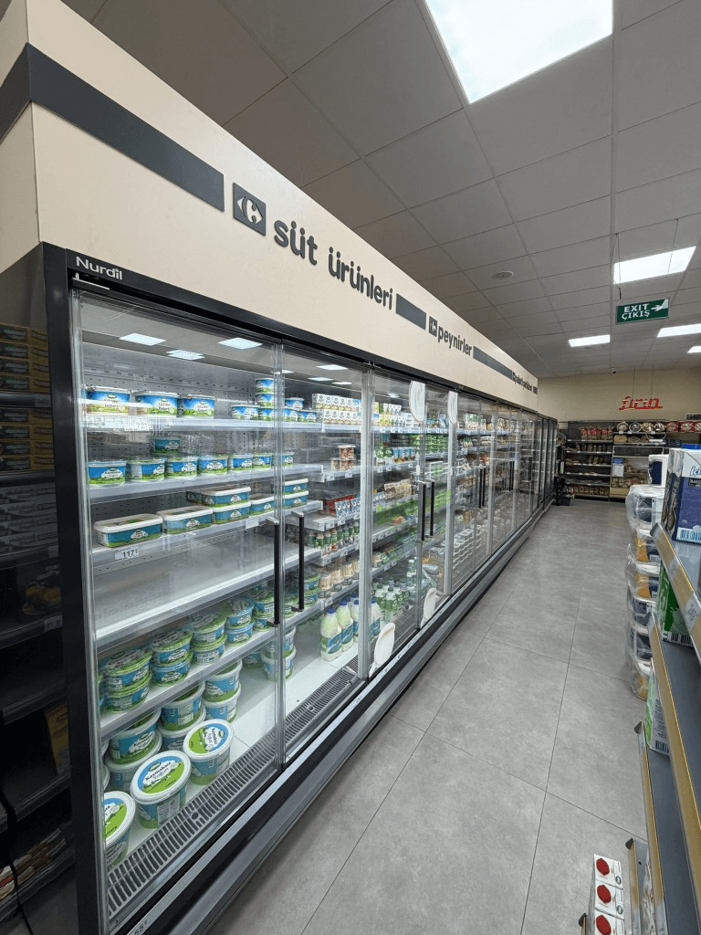 Dairy and cheese refrigerated cabinets at Yeşiltepe CarrefourSA, Didim