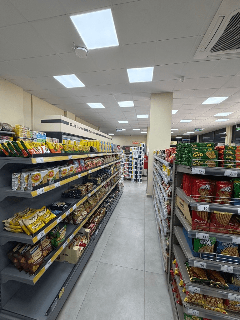 Snacks aisle with biscuits, crackers and chips at Yeşiltepe CarrefourSA, Didim